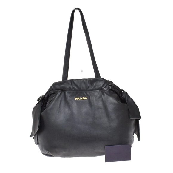 PRADA Logo Bow Shoulder Hand Tote Bag Nappa Leather Black GHW Italy 76YH706 - Picture 1 of 16